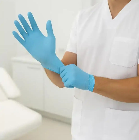 Persona con uniforme blanco colocándose un guante de nitrilo azul y ajustándolo en la muñeca