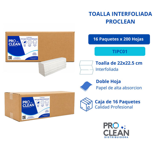 Toalla interfoliada Caja 16 X 200 UND Proclean TIPC01