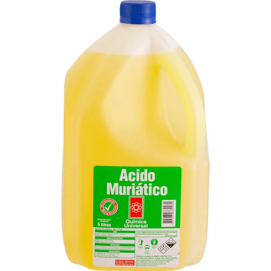 Ácido muriático Química Universal de 5 litros, vista frontal del bidón con etiqueta verde y tapa azul