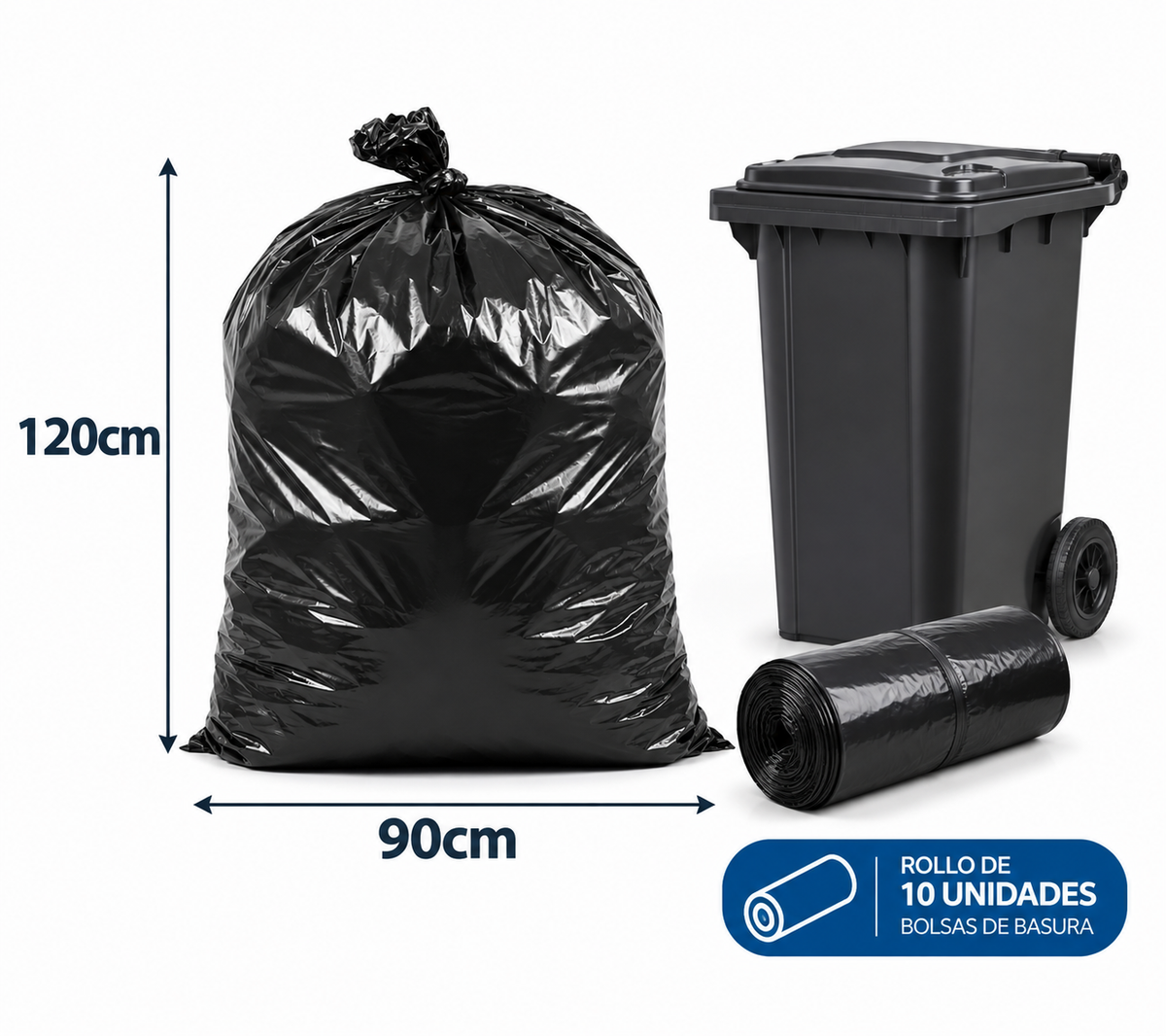 Bolsa de Basura Grande Negra 90x120 cm – Rollo 10 Unidades