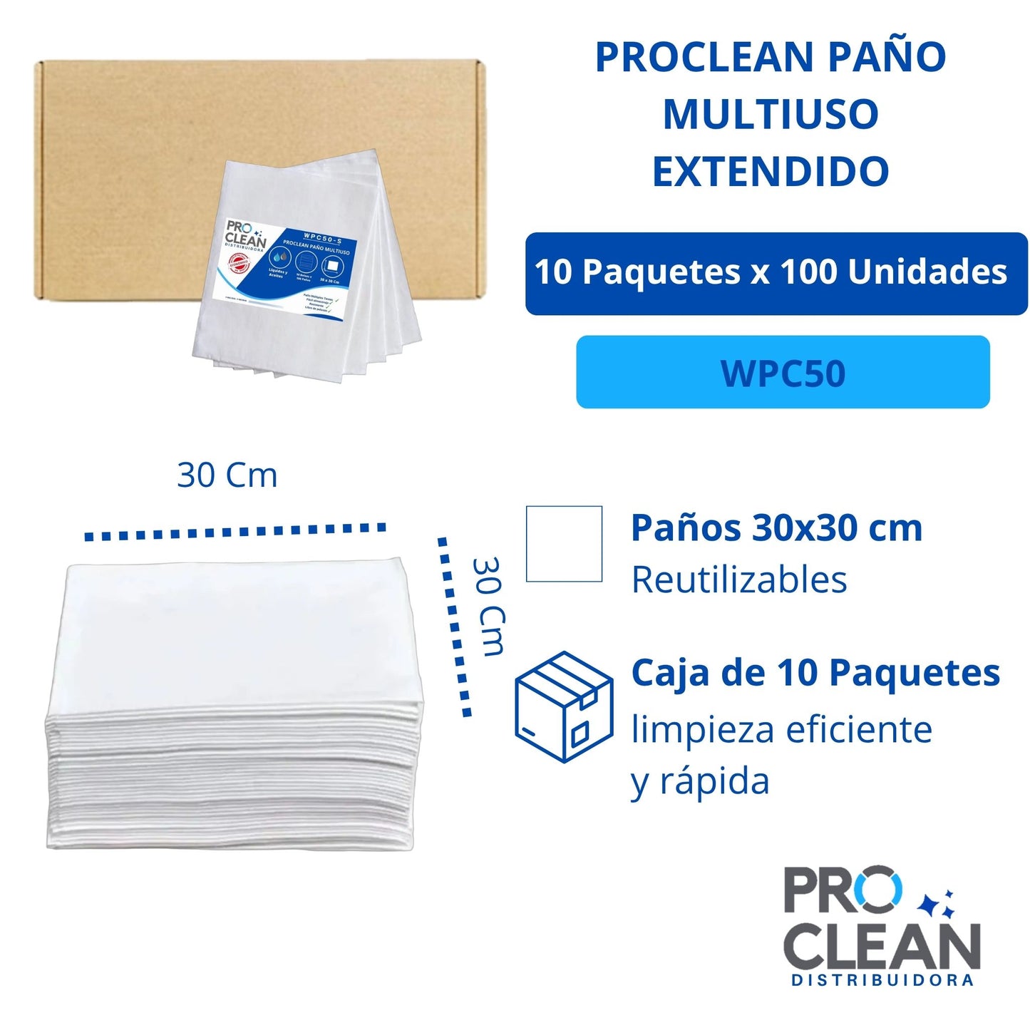PROCLEAN PAÑO MULTIUSO EXTENDIDO 10 bolsas x 100 WPC50-S