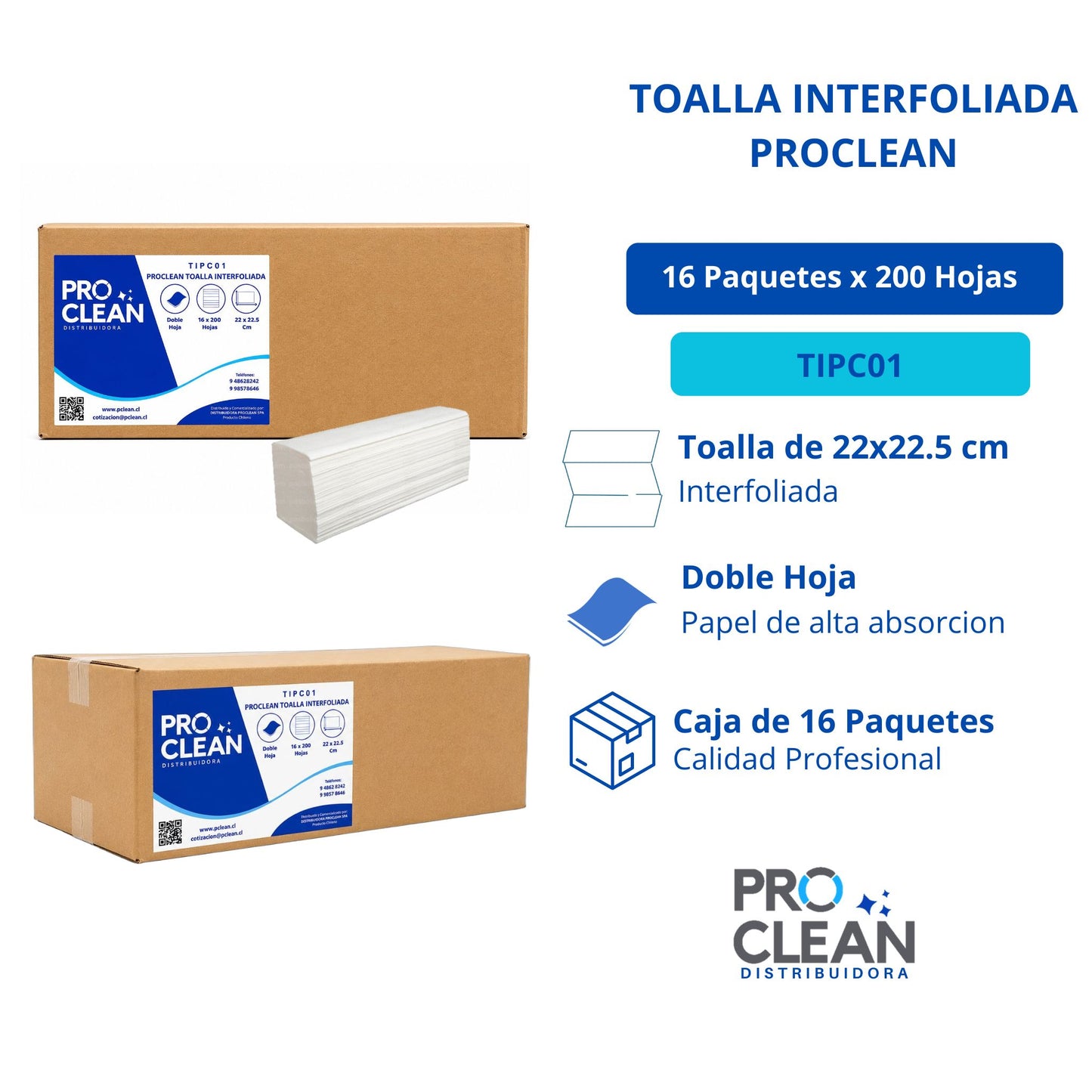 Toalla interfoliada Caja 16 X 200 UND Proclean TIPC01