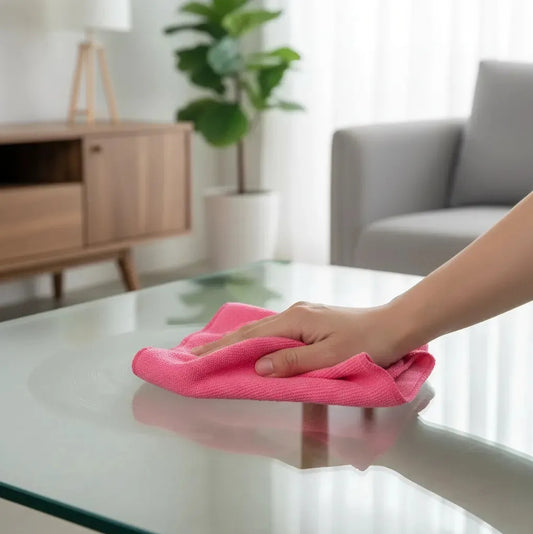 microfibra rosado en uso para limpiar la superficie de una mesa de vidrio