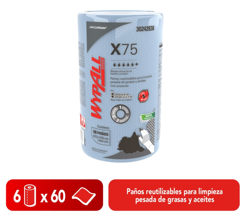 Paño Wypall X75 industrial azul 6 Rollos X 60 Paños 30242838