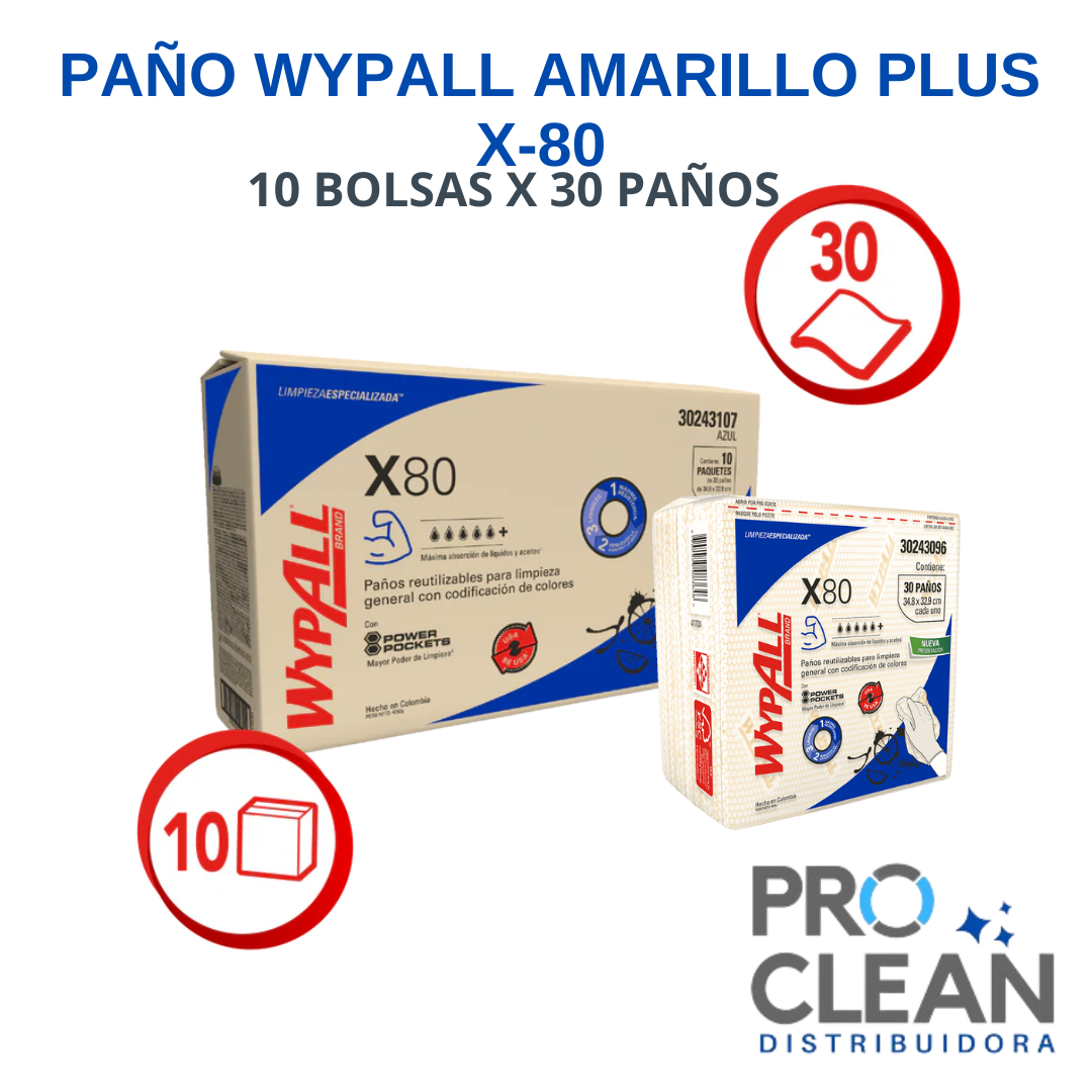 Paño Wypall X80 Amarillo plus 10 Bolsas X 30 Paños - 30243096