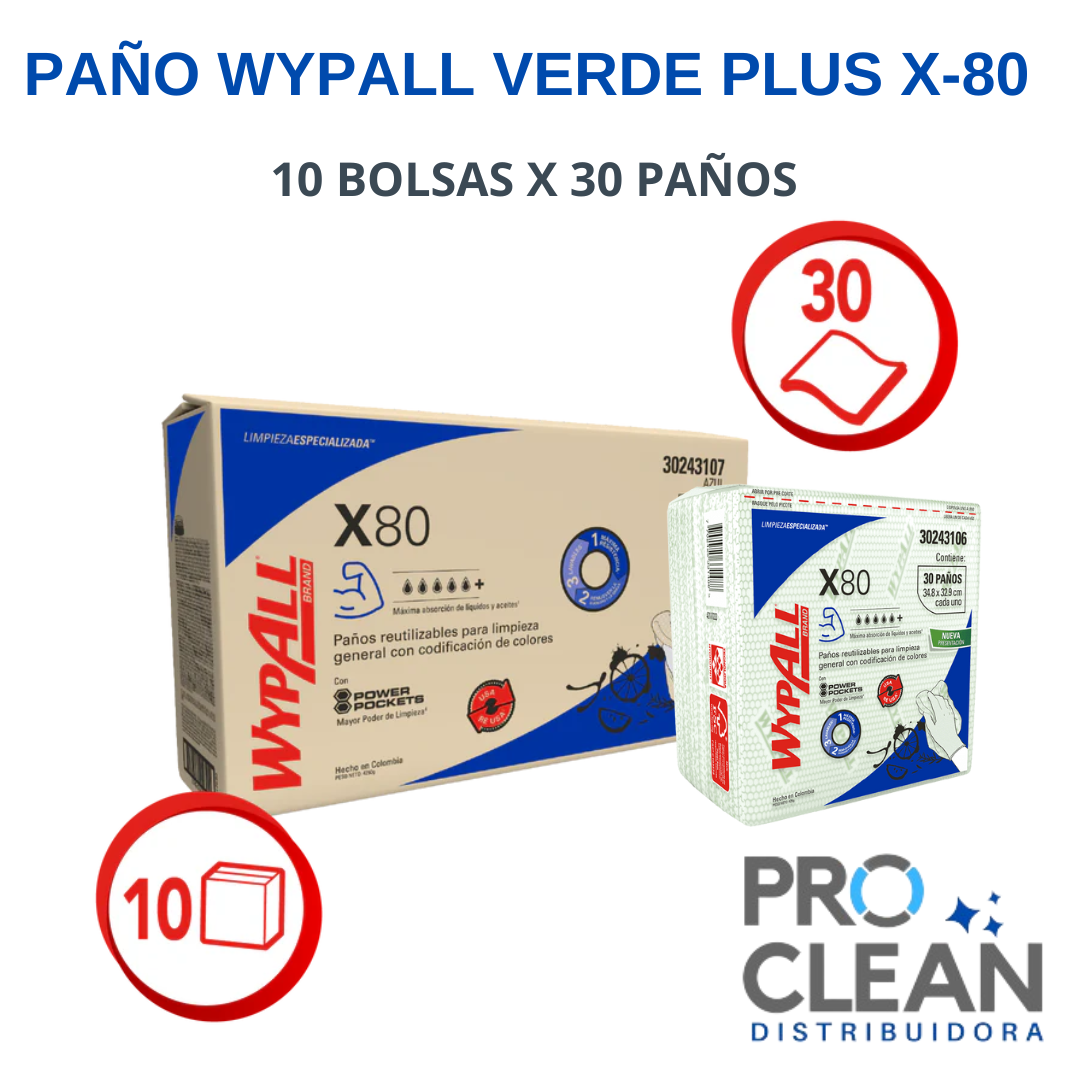 Paño Wypall X80 Verde plus 10 Bolsas X 30 Paños - 30243106