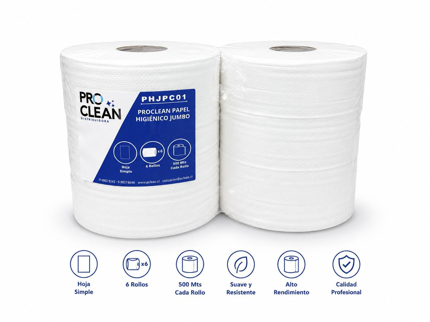 Papel Higiénico Jumbo Proclean PHJPC01 | Pack 6 Rollos x 500 Mts Hoja Simple
