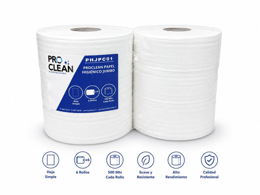 Papel Higiénico Jumbo Proclean PHJPC01 | Pack 6 Rollos x 500 Mts Hoja Simple