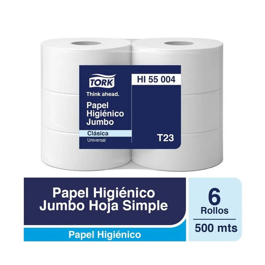 Papel higiénico universal jumbo hoja simple 6 Rollos X 500 MT Tork HI55004