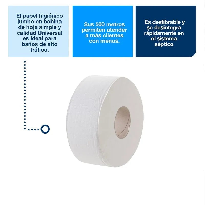 Papel higiénico universal jumbo hoja simple 6 Rollos X 500 MT Tork HI55004