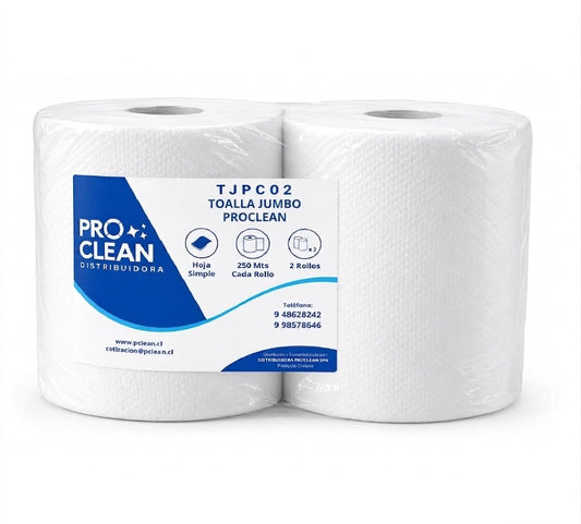 Toalla jumbo 2 Rollos x 250 Metros  Proclean TJPC02