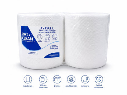 Toalla de Papel Jumbo Autocorte Proclean TJPC01 | Pack 2 Rollos x 250 Mts
