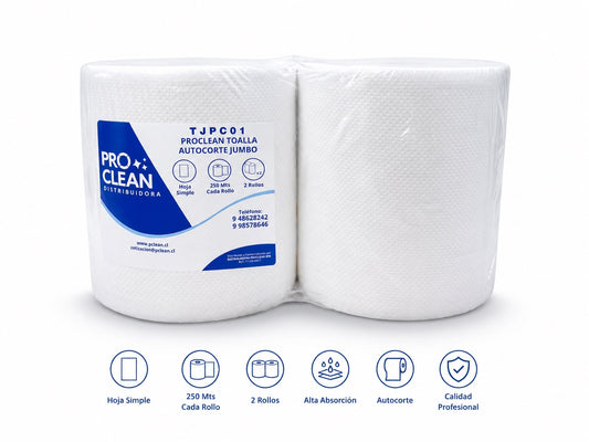 Toalla de Papel Jumbo Autocorte Proclean TJPC01 | Pack 2 Rollos x 250 Mts