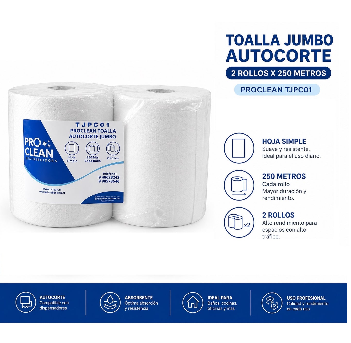Toalla de Papel Jumbo Autocorte Proclean TJPC01 | Pack 2 Rollos x 250 Mts