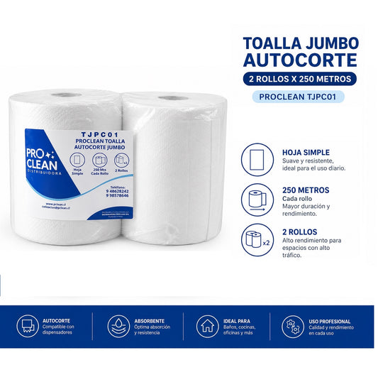 Toalla de Papel Jumbo Autocorte Proclean TJPC01 | Pack 2 Rollos x 250 Mts